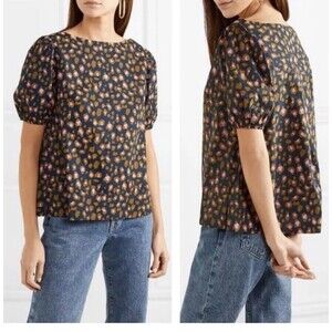 J CREW XS Top Navy Blue Pink Snow Leopard Print Puff Sleeve Shoulder Brown Shirt
